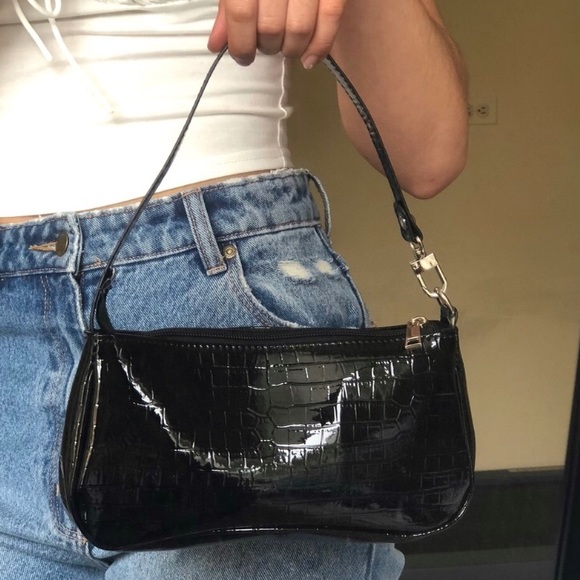 Black Croc Skin Baguette Bag - Picture 2 of 8